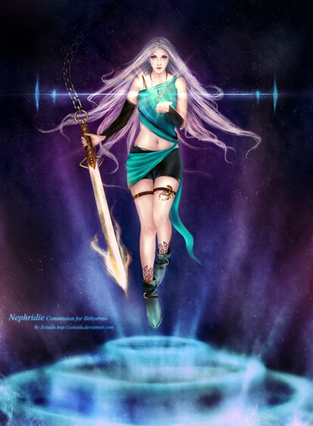 Anime picture 1024x1391 with zolaida (artist) single long hair tall image looking at viewer blue eyes lips grey hair realistic legs girl navel weapon sword chain