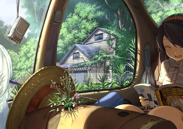 Anime picture 1200x848 with original domo1220 single long hair open mouth brown hair sitting holding eyes closed teeth shadow plaid reading car interior girl flower (flowers) plant (plants) hat tree (trees) headdress
