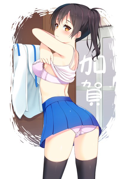 Anime picture 740x1035 with kantai collection kaga aircraft carrier asahina hikage single tall image blush fringe short hair light erotic black hair hair between eyes yellow eyes looking away ass pleated skirt looking back side ponytail hieroglyph undressing bare back