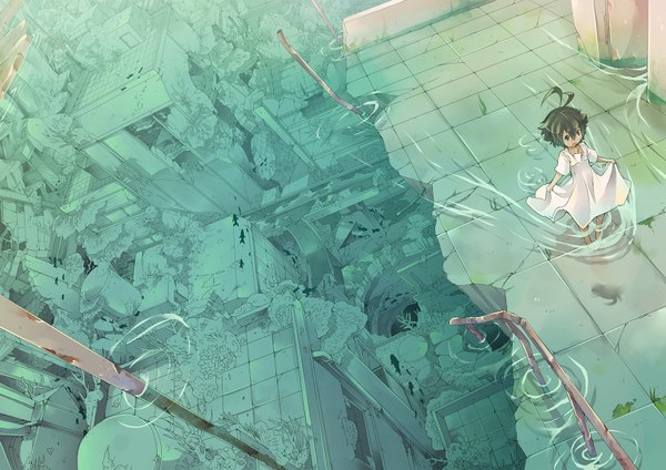 Anime picture 1754x1240 with original sinlaire single highres short hair black hair standing barefoot spread arms girl dress water white dress building (buildings) fish (fishes)