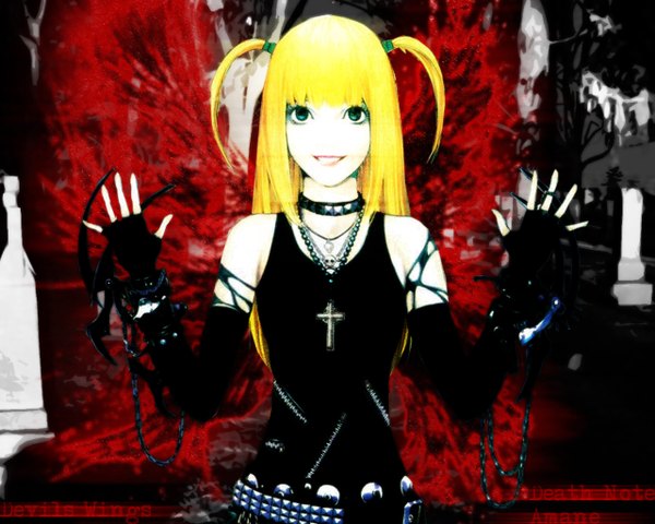 Anime picture 1280x1024 with death note madhouse amane misa single long hair looking at viewer blue eyes blonde hair standing bare shoulders arm up two side up girl gloves black gloves fingerless gloves collar cross tank top cross necklace
