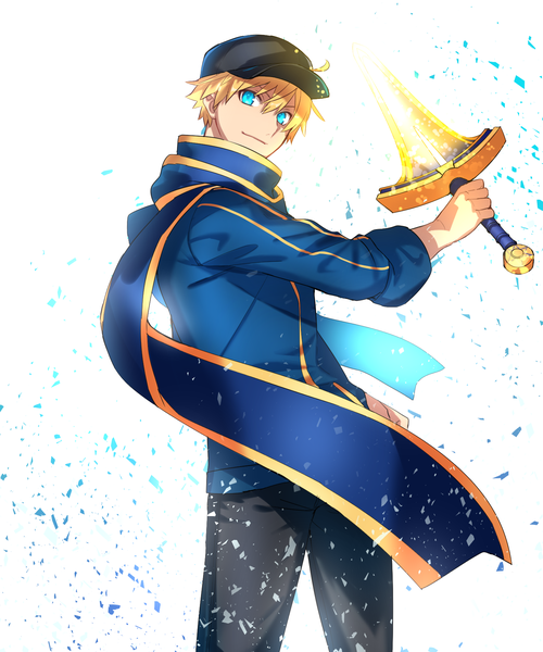 Anime picture 1500x1800 with fate (series) fate/prototype artoria pendragon (all) arthur pendragon (fate) mysterious heroine x (fate) seseragi azuma single tall image looking at viewer fringe short hair blue eyes simple background blonde hair hair between eyes white background ahoge cosplay genderswap mysterious heroine x (cosplay)