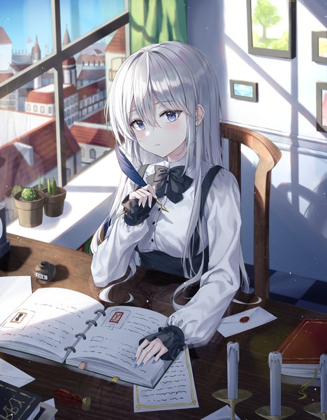 Anime picture 1600x2052 with original ekina (1217) single long hair tall image looking at viewer blush fringe blue eyes hair between eyes sitting holding payot silver hair upper body indoors long sleeves nail polish parted lips head tilt