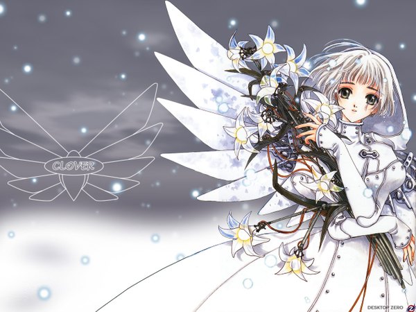 Anime picture 1280x960 with clover (manga) clamp suu (clover) single looking at viewer short hair holding silver hair wallpaper copyright name mechanical wings girl dress flower (flowers) wings white dress hood lily (flower)