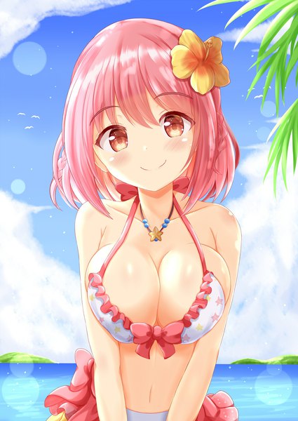 Anime picture 1000x1412 with ongeki hoshizaki akari zenon (for achieve) single tall image looking at viewer blush fringe short hair breasts light erotic smile hair between eyes red eyes large breasts standing payot pink hair sky cloud (clouds)