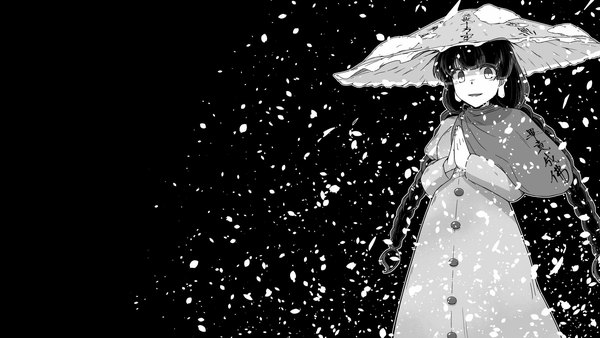 Anime picture 1920x1080 with touhou yatadera narumi sunatoshi single long hair looking at viewer highres simple background smile wide image braid (braids) wallpaper twin braids black background monochrome snow hands clasped outline girl hat