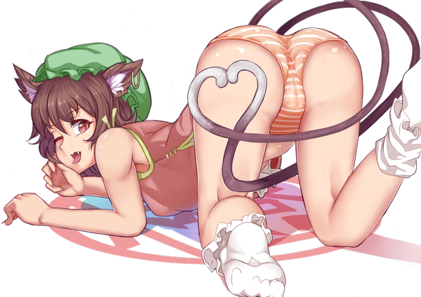 Anime picture 1023x723 with touhou chen ginko (nico) single short hair open mouth light erotic black hair red eyes animal ears ass one eye closed wink cat ears teeth cat tail fang (fangs) transparent background girl underwear