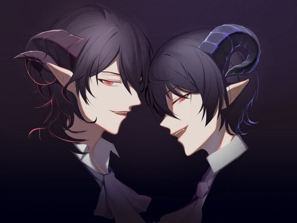 Anime picture 1600x1200 with ensemble stars! sakuma rei (ensemble stars!) sakuma ritsu asd13 looking at viewer fringe short hair open mouth black hair simple background hair between eyes red eyes profile horn (horns) pointy ears multiple boys black background face siblings brothers