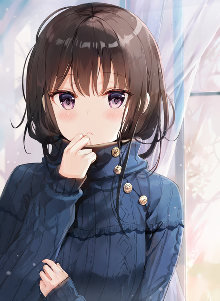 Anime picture 600x819 with original fuumi (radial engine) single long hair tall image looking at viewer blush fringe hair between eyes brown hair purple eyes upper body sleeves past wrists expressionless girl window curtains sweater turtleneck ribbed sweater
