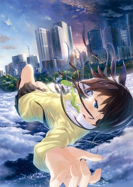 Anime picture 2350x3300 with original eshi 100-nin ten wingheart single long hair tall image looking at viewer highres blue eyes black hair cloud (clouds) scan official art city girl skirt miniskirt necktie building (buildings)