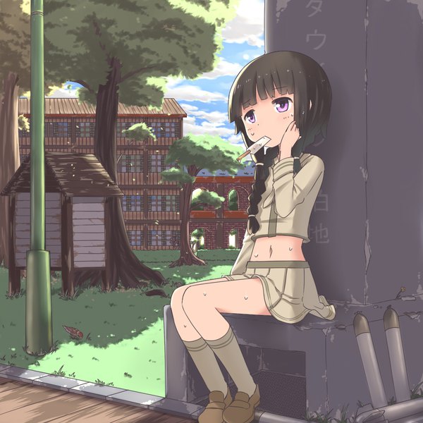 Anime picture 1080x1080 with kantai collection kitakami light cruiser hinbackc single long hair fringe sitting purple eyes holding looking away sky cloud (clouds) full body outdoors blunt bangs braid (braids) pleated skirt midriff sweat text