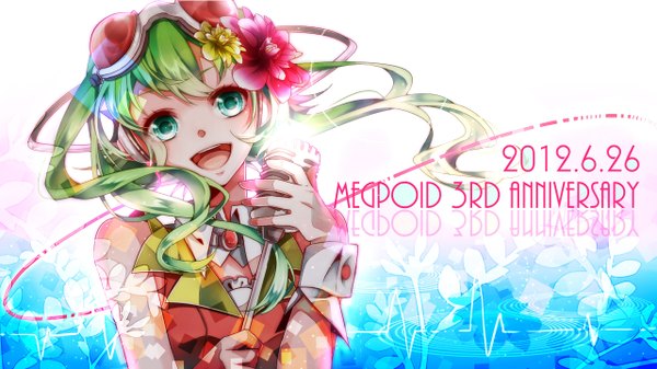 Anime picture 2560x1440 with vocaloid gumi nou single long hair fringe highres open mouth wide image green eyes hair flower green hair drill hair happy looking up goggles on head girl hair ornament flower (flowers) detached sleeves