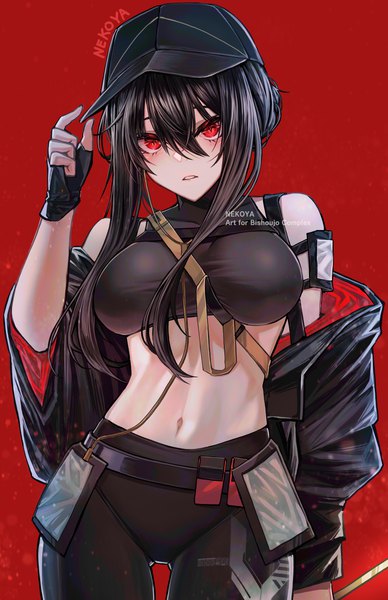 Anime picture 3300x5100 with spy x family yor briar nekodayo22 single long hair tall image looking at viewer fringe highres breasts light erotic black hair simple background hair between eyes red eyes large breasts standing bare shoulders signed absurdres