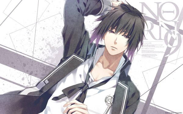 Anime picture 1280x800 with norn9 (game) idea factory itsuki kagami iza (artist) single highres short hair black hair brown eyes looking away open clothes official art open shirt text arm behind head open collar english boy uniform school uniform