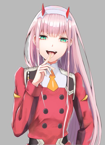 Anime picture 2272x3121 with darling in the franxx studio trigger zero two (darling in the franxx) kokose single long hair tall image looking at viewer fringe highres open mouth simple background smile standing green eyes payot pink hair upper body blunt bangs :d
