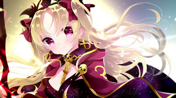 Anime picture 3000x1687 with fate (series) fate/grand order ereshkigal (fate) remimim single long hair looking at viewer blush highres blonde hair wide image upper body pink eyes two side up tears girl bow hair bow