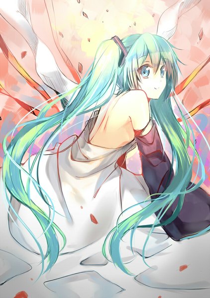 Anime picture 704x1000 with vocaloid hatsune miku shinta hoshi-to single long hair tall image looking at viewer smile twintails bare shoulders aqua eyes aqua hair back girl dress ribbon (ribbons) hair ribbon detached sleeves
