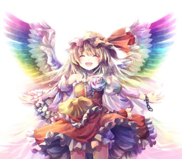 Anime picture 1400x1225 with touhou flandre scarlet niichi (komorebi-palette) single short hair open mouth simple background blonde hair white background eyes closed girl dress wings chain bonnet