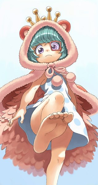 Anime picture 610x1150 with one piece toei animation sugar (one piece) oyatsu (mk2) single tall image looking at viewer blush short hair simple background purple eyes barefoot aqua hair from below blue background polka dot girl dress hood toes