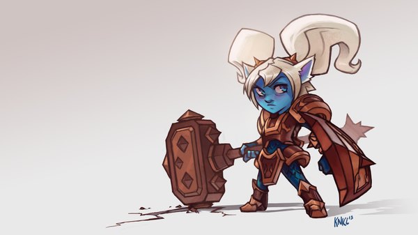 Anime picture 1920x1080 with league of legends poppy (league of legends) knockwurst single highres short hair blue eyes simple background wide image twintails animal ears looking away white hair grey background shadow blue skin girl weapon armor shield