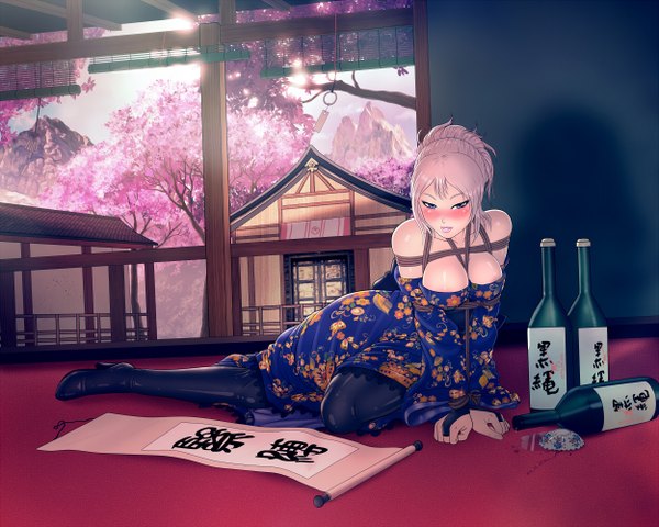 Anime picture 1250x1000 with god eater burst alisa ilinichina amiella reptileye (artist) single looking at viewer blush short hair light erotic purple eyes silver hair traditional clothes japanese clothes bondage girl bottle