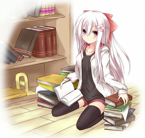 Anime picture 1000x947 with original chabaneko long hair blush red eyes white hair hair flower girl thighhighs hair ornament black thighhighs jacket shorts book (books)