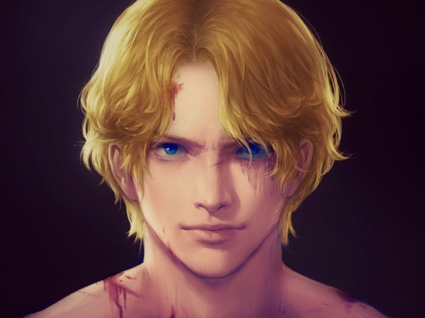 Anime-Bild 1000x750 mit one piece toei animation sabo (one piece) shitsu soku k killer4fx single looking at viewer fringe short hair blue eyes simple background blonde hair lips hair over one eye realistic coloring black background portrait scar face