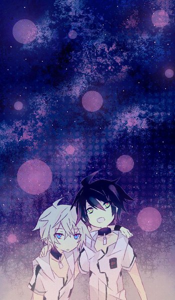 Anime picture 500x856 with owari no seraph wit studio hyakuya yuuichirou hyakuya mikaela shin (pixiv13521408) tall image looking at viewer open mouth blue eyes black hair green eyes ahoge white hair night multiple boys short sleeves night sky lens flare looking up boy