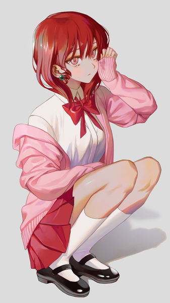Anime picture 2406x4282 with original migumi single tall image blush highres short hair simple background looking away full body red hair pleated skirt pink eyes grey background shadow drill hair squat girl skirt uniform