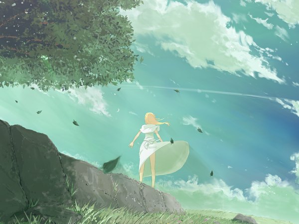 Anime picture 1024x768 with original muranisaki long hair blonde hair sky cloud (clouds) wind nature wind lift dress plant (plants) tree (trees) white dress leaf (leaves)