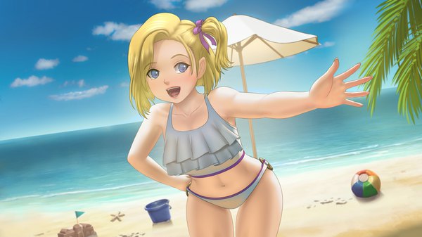 Anime picture 3648x2052 with love convention momo (love convention) mawa setiawan single looking at viewer highres short hair open mouth blue eyes light erotic blonde hair smile wide image absurdres game cg sky cloud (clouds) leaning depth of field leaning forward