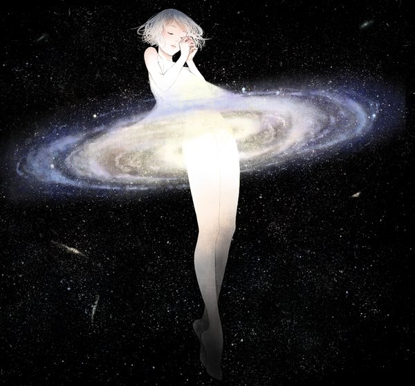 Anime picture 1000x930 with original sousou (sousouworks) single short hair light erotic full body white hair eyes closed nude lips legs hands clasped space personification praying girl dress underwear panties star (stars)