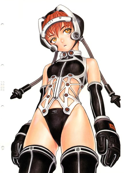 Anime picture 3000x4098 with form code (artbook) range murata single tall image highres short hair light erotic simple background white background looking away red hair parted lips scan orange eyes flat chest girl thighhighs gloves black thighhighs black gloves