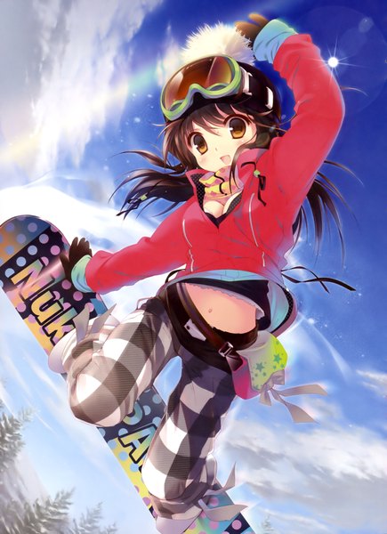 Anime picture 2872x3963 with original dengeki moeou santa matsuri single long hair tall image blush highres open mouth black hair brown eyes scan girl navel scarf goggles fanny pack snowboard