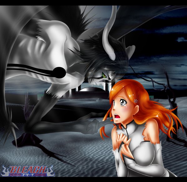 Anime picture 5468x5320 with bleach studio pierrot inoue orihime ulquiorra schiffer fiorfior single long hair blush highres open mouth black hair bare shoulders green eyes signed looking away absurdres cloud (clouds) profile horn (horns) orange hair