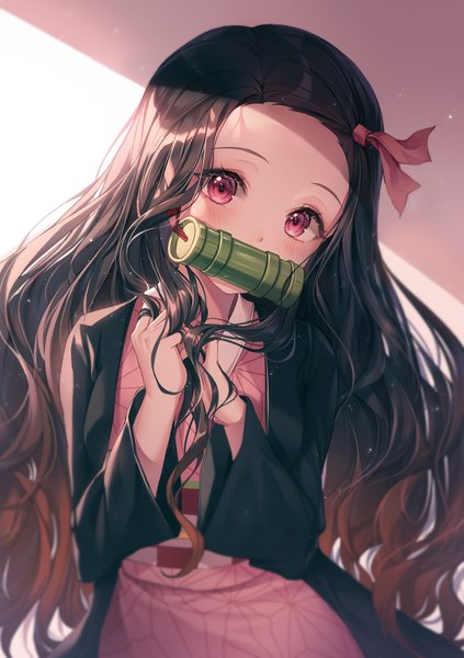 Anime picture 1200x1701 with kimetsu no yaiba ufotable kamado nezuko ttosom single long hair tall image looking at viewer blush black hair simple background brown hair standing holding traditional clothes head tilt japanese clothes pink eyes multicolored hair blurry