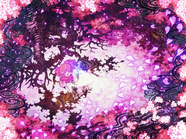 Anime picture 1140x855 with touhou saigyouji yuyuko zounose single pink hair lying cherry blossoms girl plant (plants) petals tree (trees) insect butterfly roots