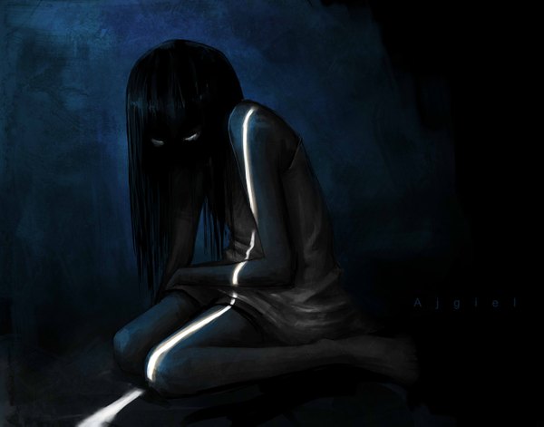 Anime picture 2755x2165 with original ajgiel single long hair fringe highres black hair sitting signed barefoot light dark background no face horror creepy girl