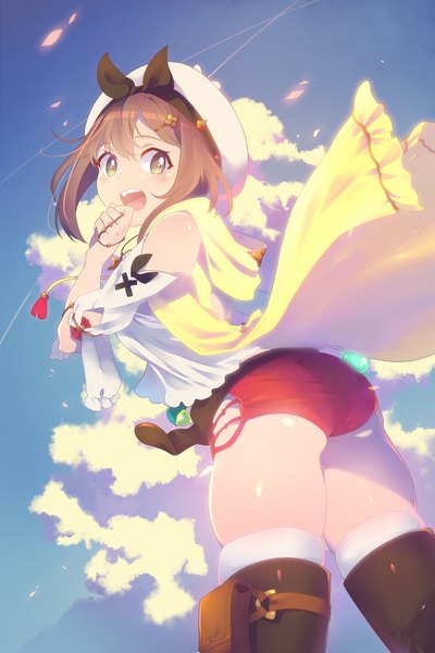 Anime picture 1364x2048 with atelier (series) atelier ryza gust (company) reisalin stout goku-chan single tall image looking at viewer blush fringe short hair open mouth light erotic smile hair between eyes brown hair standing green eyes sky cloud (clouds)
