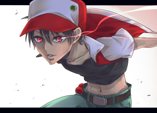 Anime picture 1200x866 with pokemon nintendo red (pokemon) single short hair red eyes brown hair white background glowing glowing eye (eyes) boy navel flat cap pokeball