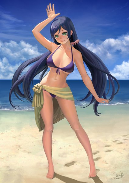 Anime picture 2481x3508 with love live! school idol project sunrise (studio) love live! toujou nozomi lasterk single long hair tall image looking at viewer highres light erotic twintails green eyes blue hair sky cloud (clouds) beach low twintails underboob girl
