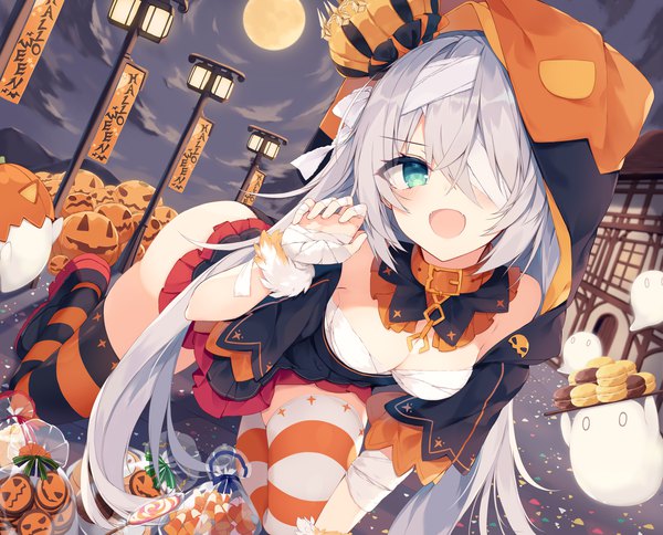 Anime picture 3035x2449 with original nibiiro shizuka single long hair looking at viewer highres breasts open mouth light erotic twintails absurdres sky silver hair aqua eyes halloween on all fours ghost different thighhighs bandage over one eye girl