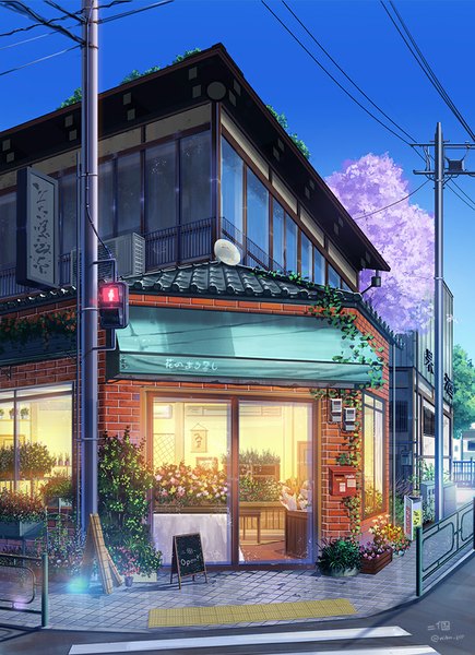 Anime picture 720x993 with original niko p tall image sky cherry blossoms no people crosswalk flower (flowers) plant (plants) tree (trees) power lines traffic lights shop