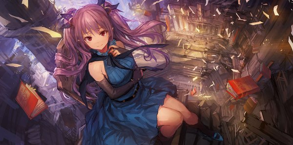 Anime picture 1920x952 with original lm7 (op-center) single long hair looking at viewer highres wide image sitting purple eyes twintails bare shoulders purple hair girl dress gloves bow hair bow socks elbow gloves book (books)