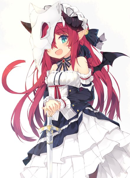 Anime-Bild 800x1090 mit original nibiiro shizuka single long hair tall image blush fringe open mouth blue eyes hair between eyes white background red hair horn (horns) pointy ears girl dress weapon detached sleeves sword wings