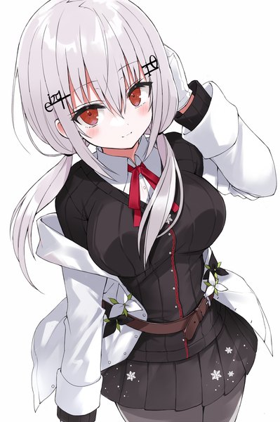 Anime picture 798x1200 with virtual youtuber nijisanji hakase fuyuki kuhotaka single long hair tall image looking at viewer blush fringe simple background hair between eyes red eyes white background twintails silver hair from above low twintails girl bobby pin
