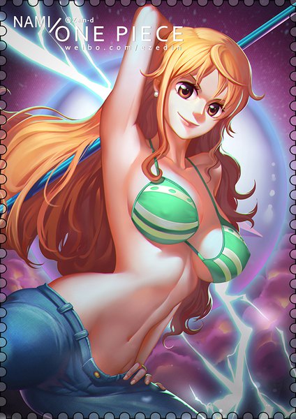 Anime picture 650x919 with one piece toei animation nami (one piece) zhang ding single long hair tall image looking at viewer fringe breasts light erotic smile brown eyes signed cleavage fingernails lips orange hair armpit (armpits) copyright name