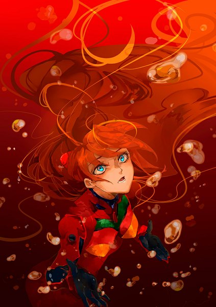 Anime picture 827x1173 with neon genesis evangelion gainax soryu asuka langley shikinami asuka langley mr. ty single long hair tall image open mouth blue eyes orange hair floating hair looking up underwater girl hair ornament bodysuit bubble (bubbles) pilot suit lcl