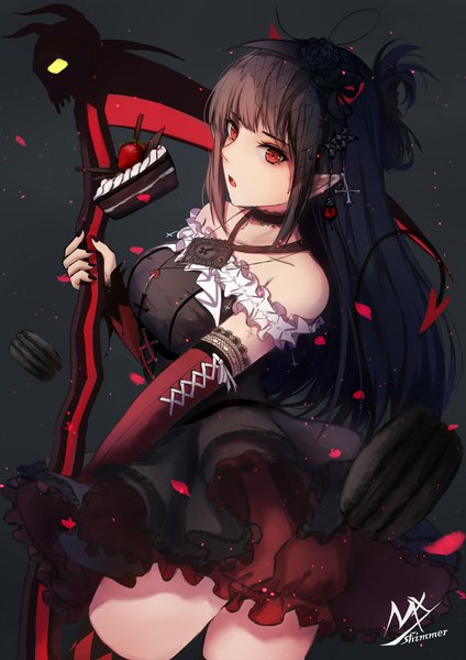 Anime picture 1438x2034 with original shimmer single long hair tall image looking at viewer fringe open mouth black hair simple background red eyes standing bare shoulders holding signed payot tail blunt bangs nail polish fingernails