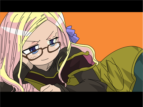 Anime picture 1600x1200 with pani poni dash! rebecca miyamoto single long hair blue eyes simple background blonde hair looking away letterboxed vector chin rest orange background bespectacled girl glasses